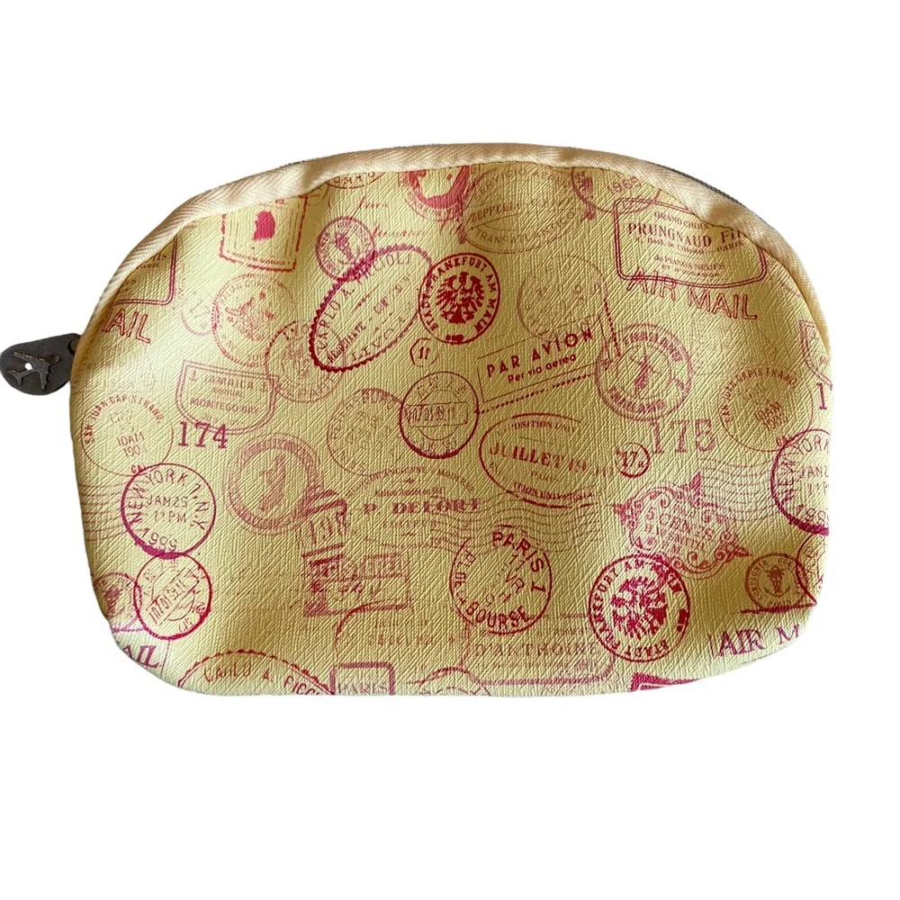 Travel Makeup Cosmetic Toiletry Bag Passport Stamped Yellow Orange Vacation 5X6”